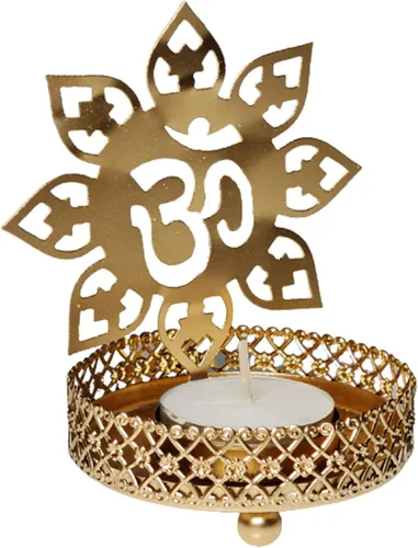 Vista 3 de Om Shape Diwali Shadow Diya. Deepawali Diya decorativo tradicional en forma de Om para el hogar/oficina. Soporte religioso para velas de té
