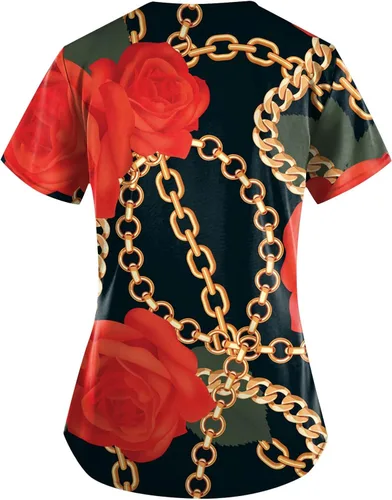 Vista 2 de Camiseta de verano para mujer, cuello en V, impresión personalizada, blusas elegantes de manga corta con bolsillo