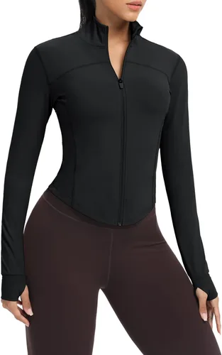Vista 85 de AVGO Chaquetas de entrenamiento recortadas para mujer, con cremallera, ajustadas, atléticas, con agujeros para el pulgar