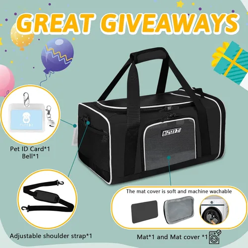 Vista 7 de Petskd Transportador de mascotas de 17 x 11 x 9.5 pulgadas, aprobado por aerolíneas de Alaska, bolsa de viaje para gatos y perros pequeños, Negro