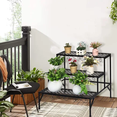 Vista 2 de Giantex Soporte de metal negro para plantas de 3 niveles, soportes de metal para plantas con 6-9 soportes de capacidad en maceta, estante