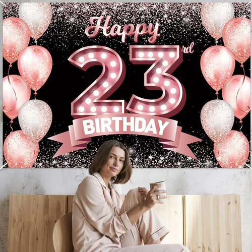 Vista 192 de Cartel de feliz cumpleaños décimo oro rosa, telón de fondo, saludos a 10 años, globos de confeti, decoración temática para niñas de 10 años