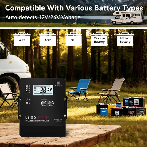 Vista 7 de LNEX Controlador de carga solar con diseño de montaje empotrado, carga de 6 etapas con pantalla LCD 12V/24V controlador PWM automático 30A