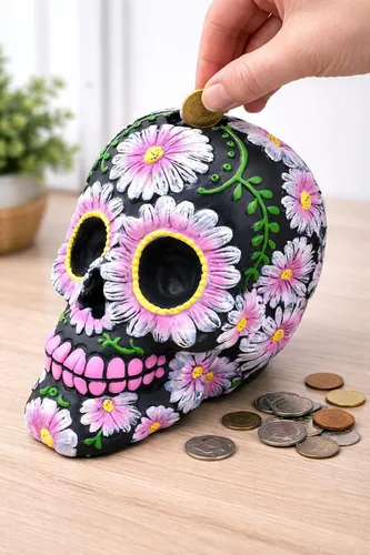 Vista 2 de Banco de monedas con diseño floral de calavera de azúcar negra y rosa de 5 pulgadas