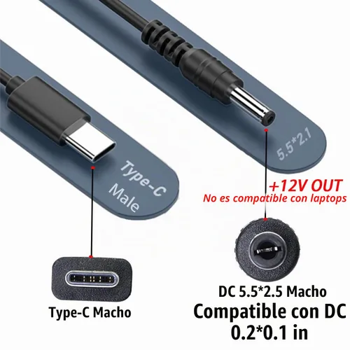 Vista 2 de Cable de alimentación USB C a CC de 0.217 in x 0.083 in, entrada USB tipo C de 5 pies a CC cable de carga de salida de 12 V, funciona con cargador