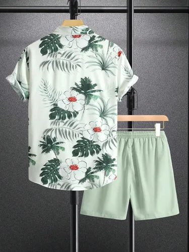 Vista 3 de SHENHE Conjunto de camisa y pantalones cortos de manga corta con botones de 2 piezas para hombre