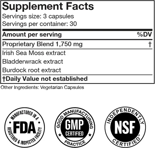 Vista 7 de Cápsulas de suplemento avanzado de musgo marino irlandés de 1500 mg, Seamoss ultra potente avanzado con vejiga y raíz de bardana, fabricado
