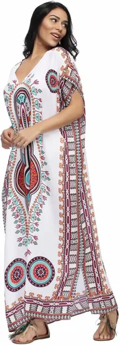 Vista 5 de SMUDGE Life Vestido largo de caftán con estampado étnico blanco para mujer vestido de playa de verano