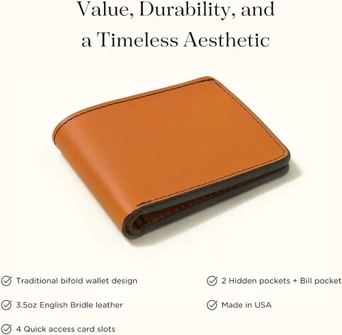 Vista 2 de TANNER GOODS Billetera de cuero para hombre, estilo tradicional, con 4 ranuras para tarjetas, sección de notas planas. Billetera de bolsillo