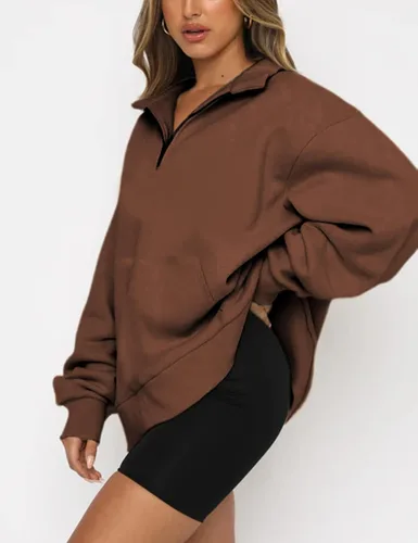 Vista 2 de Lentta Sudadera de gran tamaño con media cremallera para mujer cuello de manga larga cremallera de un cuarto