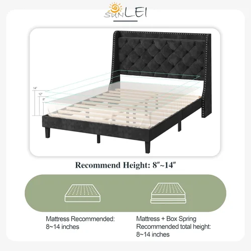 Vista 6 de SUNLEI Base de cama Queen con cabecera de almacenamiento, base de cama tapizada de terciopelo con cabecera copetuda con respaldo de alas, soporte