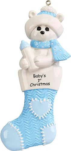 Vista 2 de Adorno personalizado de oso polar 2024-1ª Navidad, adornos de oso polar azul para árbol de Navidad, regalos para amantes de los animales, decoración