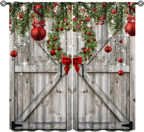 Vista 13 de Cortinas de Navidad de gnomo, bolas de árbol de Navidad, luces, regalos, decoración de tablones para sala de estar, dormitorio, bolsillo para barra
