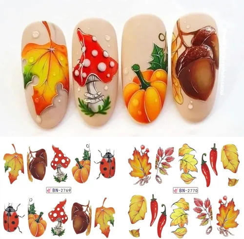 Vista 3 de 12 hojas de calcomanías de uñas de otoño de Acción de Gracias para arte de uñas, hojas de arce, calcomanías de calabaza para uñas de transferencia