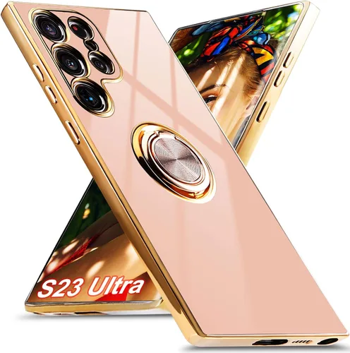 Vista 9 de Funda para Samsung Galaxy S23 Ultra 5G, soporte de anillo de rotación de 360° incorporado, soporte magnético, borde chapado brillante de lujo, Verde