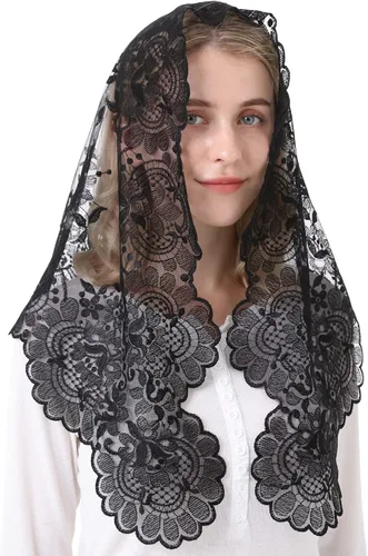 Vista 2 de Cabeza Tradicional Bordado Mantilla Encaje Triángulo Mantilla Velo Latino Masa