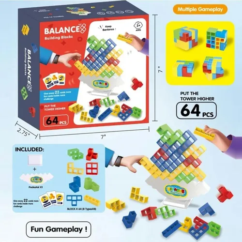 Vista 6 de Juego de torre apilable de 64 piezas con 22 cartas, juego gigante de equilibrio de caída para niños, juegos familiares para niños y adultos, regalos