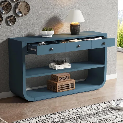 Vista 10 de LUMISOL Mesa consola geométrica tallada con 3 cajones, mesa de sofá de granja detrás del sofá con almacenamiento y detalles de patas acanaladas