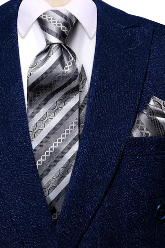 Vista 117 de Hi-Tie Corbatas de seda para hombre, diseño de cachemira a rayas, con bolsillo, gemelos cuadrados, conjunto formal de negocios