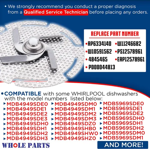 Vista 2 de Whole Parts - Cuchilla para picadora de lavavajillas mejorada # W11246682 - Repuesto y compatible con algunos lavavajillas Whirlpool - Reemplaza