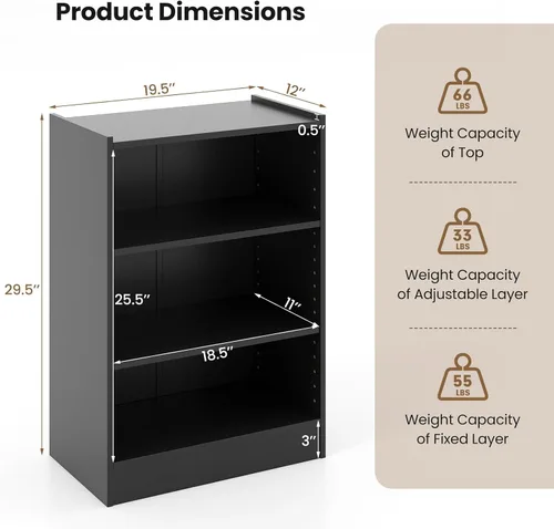 Vista 3 de Giantex Estantería de 3 cubos, color negro, estantería abierta de 3 niveles con estantes ajustables, dispositivo antivuelco, organizador