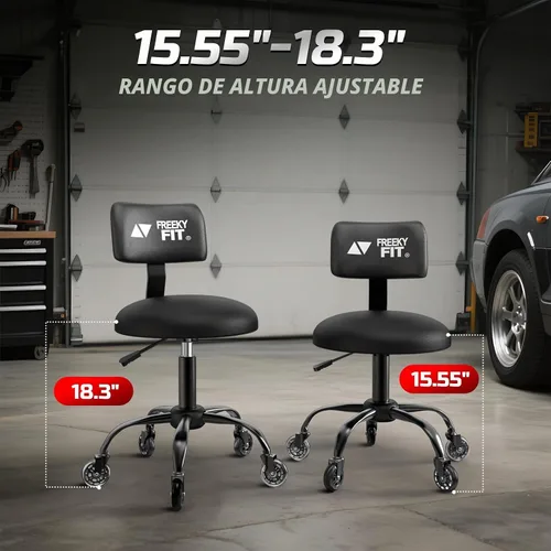 Vista 3 de Taburete Rodante de Taller con Ruedas, Silla de Garaje para Mecánicos con Altura Ajustable 39.5-46.5 cm, Asiento Giratório Resistente para Garaje