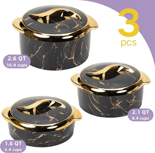 Vista 6 de Cacerola aislada negra con tapa, juego de 3 piezas, cuencos térmicos para mantener la comida caliente/fría, calentador de acero inoxidable