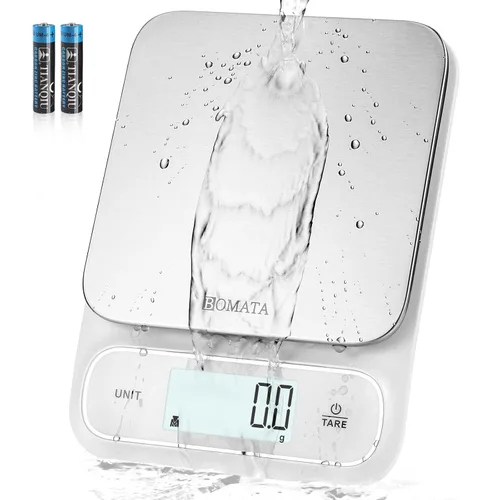 Vista 8 de BOMATA Balanza de cocina impermeable IPX6, precisión alta de 0.1 g/0.01 oz, 5 kg/11 lbs, balanza digital con luz de fondo, plataforma de pesaje