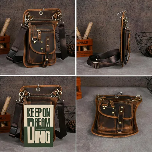 Vista 5 de Riñonera de viaje de lona + cuero para motocicleta, bolsa de cintura para muslo, bolsa para hombres y mujeres FB2141