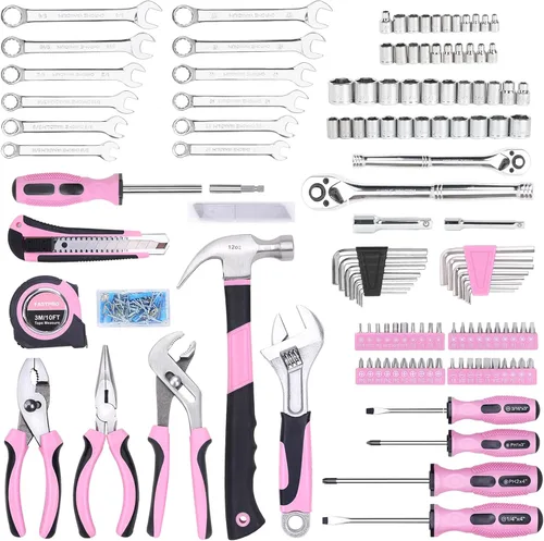 Vista 4 de FASTPRO Juego de herramientas rosa de 225 piezas, juego de herramientas manuales de mecánica SAE y métricas con caja de herramientas, kit
