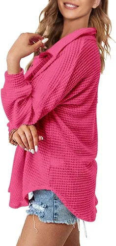 Vista 7 de DARKRANI Chaqueta de punto gofre para mujer, manga larga, casual, con botones, blusas elegantes
