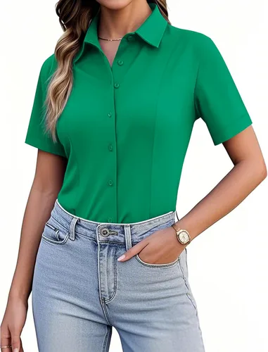 Vista 16 de Siliteelon Camisetas de Botón para Mujer, Ajustadas, de Manga Corta, Elásticas, Camisa de Vestir, Sin Arrugas, Sólida, Blusa de Trabajo