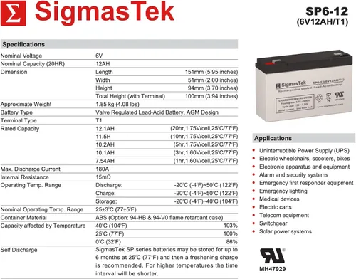 Vista 3 de SigmasTek Pace Tech Vitalmax Systems II - Batería compatible con IV, 6V 12Ah F1 SP6-12 (T1)