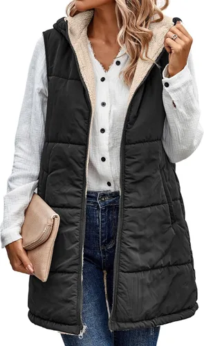 Vista 20 de ECOWISH Chaleco largo acolchado para mujer: chaqueta de forro polar reversible con cremallera para otoño 2025, abrigo de invierno cálido sin mangas