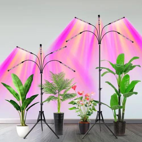 Vista 8 de Garpsen Luz de crecimiento con soporte, luces de cultivo de 5 cabezas para plantas de interior, luz de planta LED de 100 diodos de espectro completo