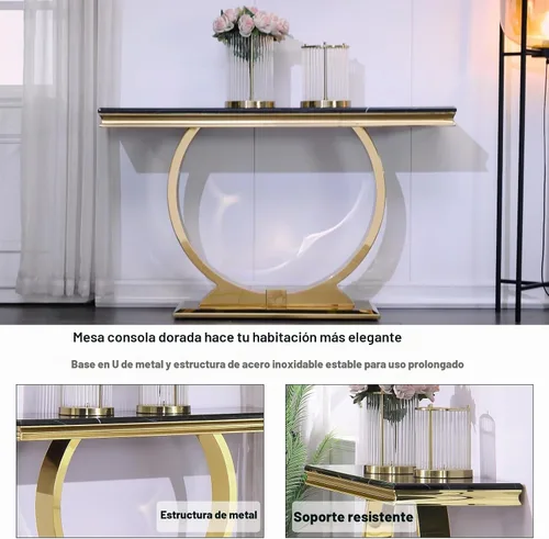 Vista 7 de ACEDÉCOR Mesa consola dorada, mesa de entrada de mármol sintético negro de lujo de 50 pulgadas con base de acero inoxidable en forma de U dorada