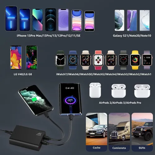 Vista 7 de Cargador de coche USB de múltiples puertos, 96W 6 puertos QC3.0 adaptador rápido múltiples puertos, con cuatro puertos de carga rápida 3.0