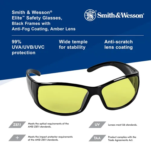 Vista 9 de Smith & Wesson® Gafas de seguridad Elite™ (21305), con revestimiento antivaho y lentes ámbar (amarillo) y montura negra, unisex para hombres