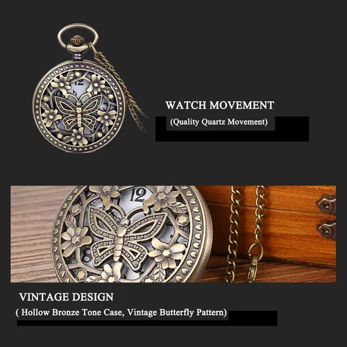 Vista 4 de Avaner Reloj de bolsillo de cuarzo con diseño de flores de rosas huecas de bronce antiguo para mujeres y niñas