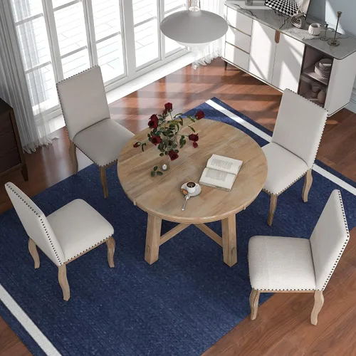 Vista 2 de Harper & Bright Designs Juego de mesa de comedor redonda extensible de 5 piezas y sillas tapizadas con estante para comedor familiar