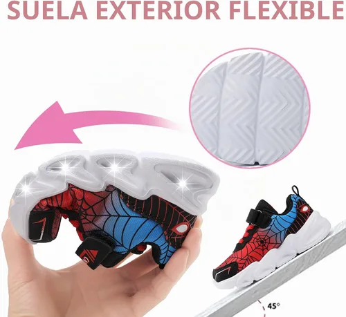 Vista 5 de Zapatos ligeros con luz LED para niños pequeños, transpirables, con malla, para caminar, para niños pequeños y niños Zapatos con luz negra/roja