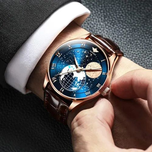 Vista 2 de OUPINKE Watches for Men Leather Automatic Moon Phases Japanese Movement Starry Mechanical Waterproof Business