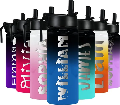 Vista 31 de Botella de agua personalizada para niños con tapa de popote en azul aguamarina degradado para la escuela, nombre personalizado para niños, 18 onzas