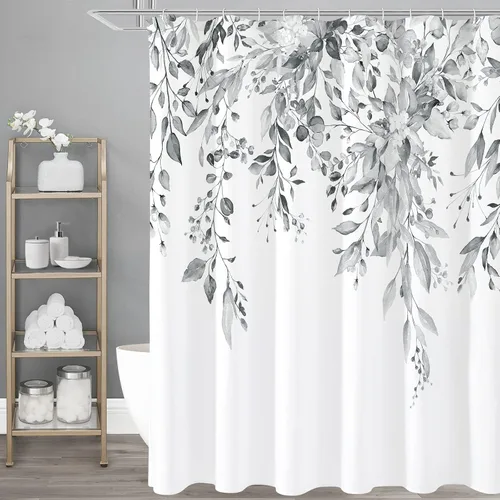 Vista 54 de Gibelle - Cortina de ducha para ducha pequeña 36 x 72, cortina de ducha estrecha con flores blancas y negras, juego de cortina de ducha de tela