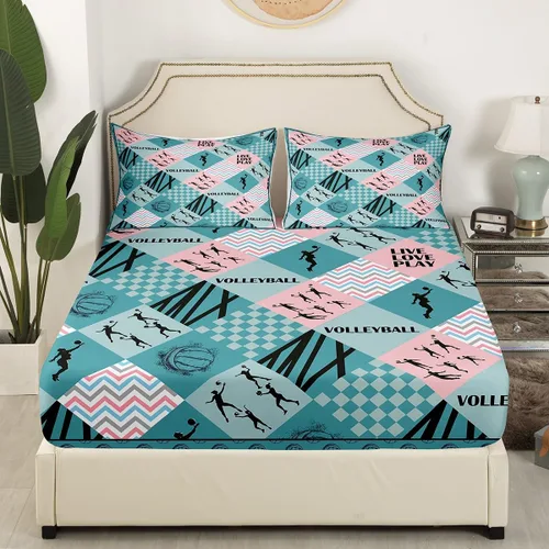 Vista 3 de Manfei Sábana bajera ajustable de voleibol, tamaño individual, funda de cama temática deportiva con 1 funda de almohada, juego de ropa de cama de 2