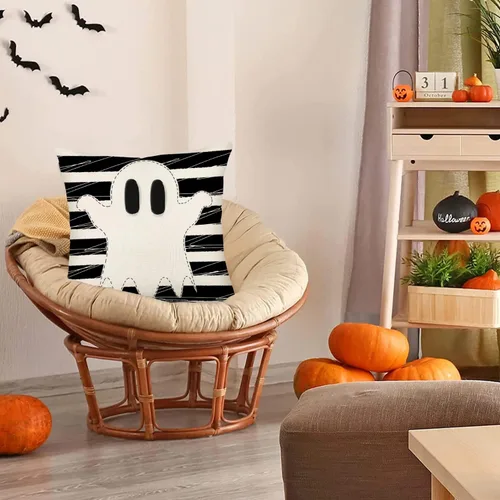 Vista 4 de Funda de almohada de fantasma de Halloween de 16 x 16 pulgadas, rayas blancas y negras con espeluznantes fundas de almohada de lino y algodón