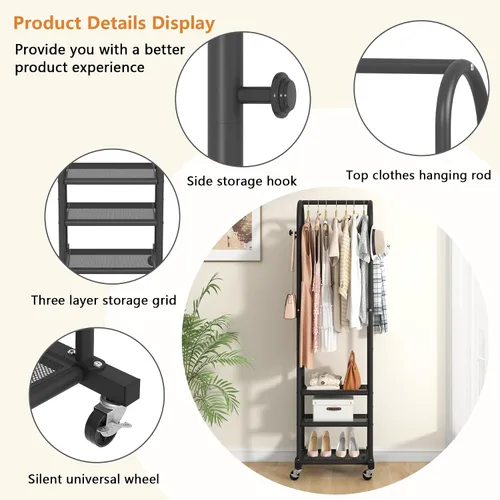 Vista 3 de Kaitiemoo Perchero de ropa resistente con ruedas, moderno perchero con 3 estantes de metal, estante de exhibición de 71.8 pulgadas para colgar ropa