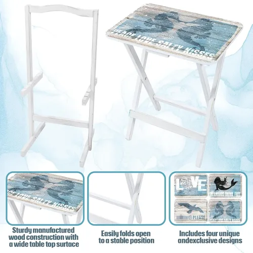 Vista 5 de Sintuff Juego de 4 bandejas de TV de playa costeras con soporte, cabo, artesanos, sirena, plegable, de madera, decorativa, mesa de comedor, casa