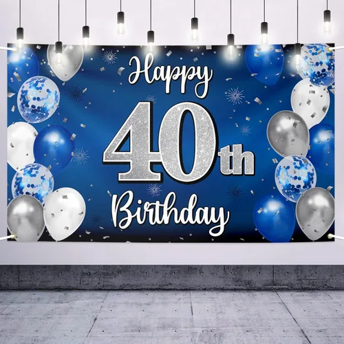 Vista 48 de Decoración de feliz cumpleaños número 100, globo azul y plateado grande cartel de fondo de cumpleaños de 100 años - Suministros para fiesta