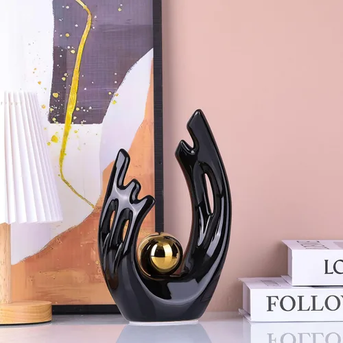 Vista 6 de XMGZQ Estatuas y esculturas de cerámica abstracta, estatuas de cerámica de arte negro y dorado, decoración moderna para el hogar, sala de estar